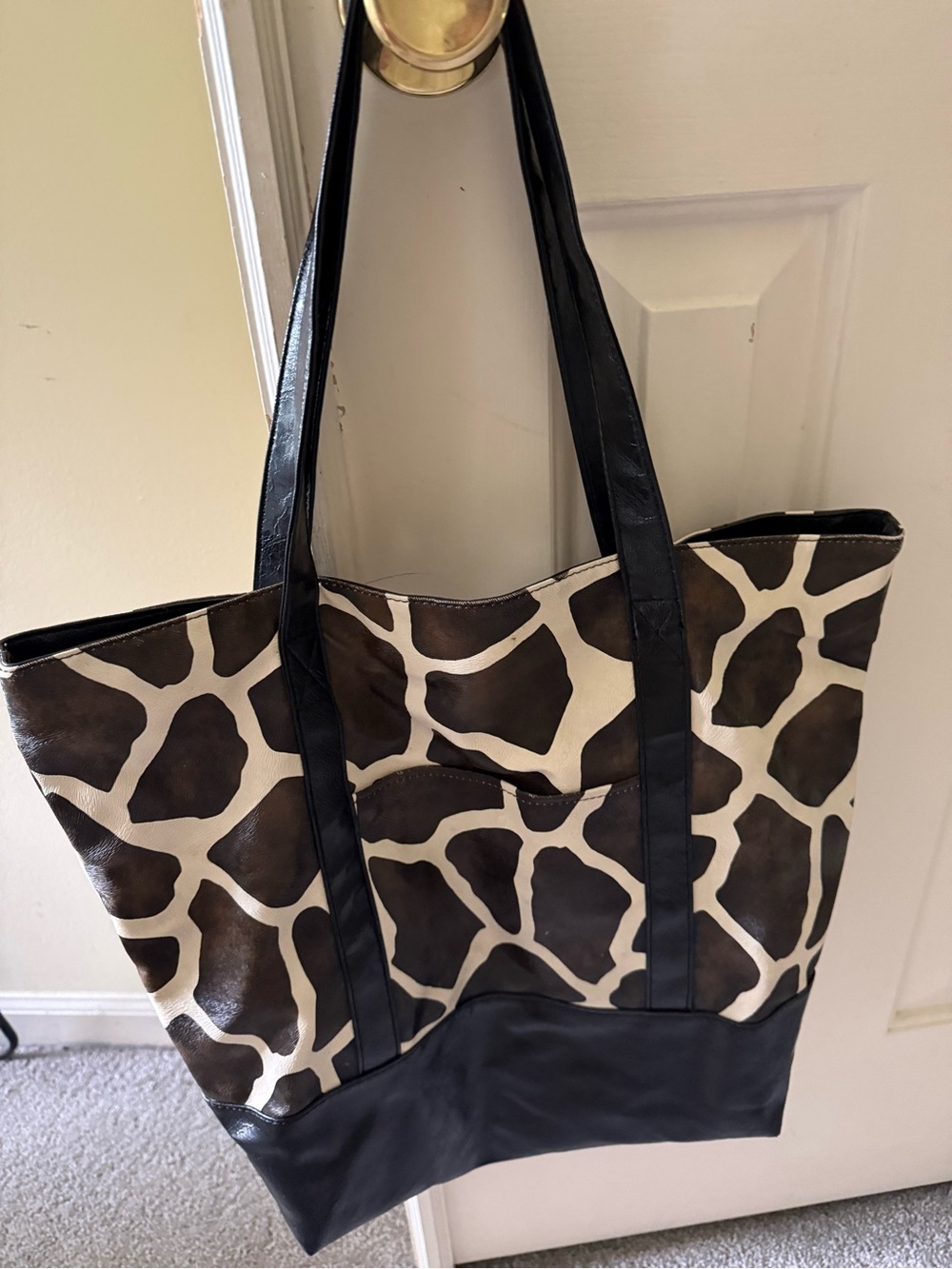 Giraffe Print Leather-Trim Tote Bag - Black/Brown